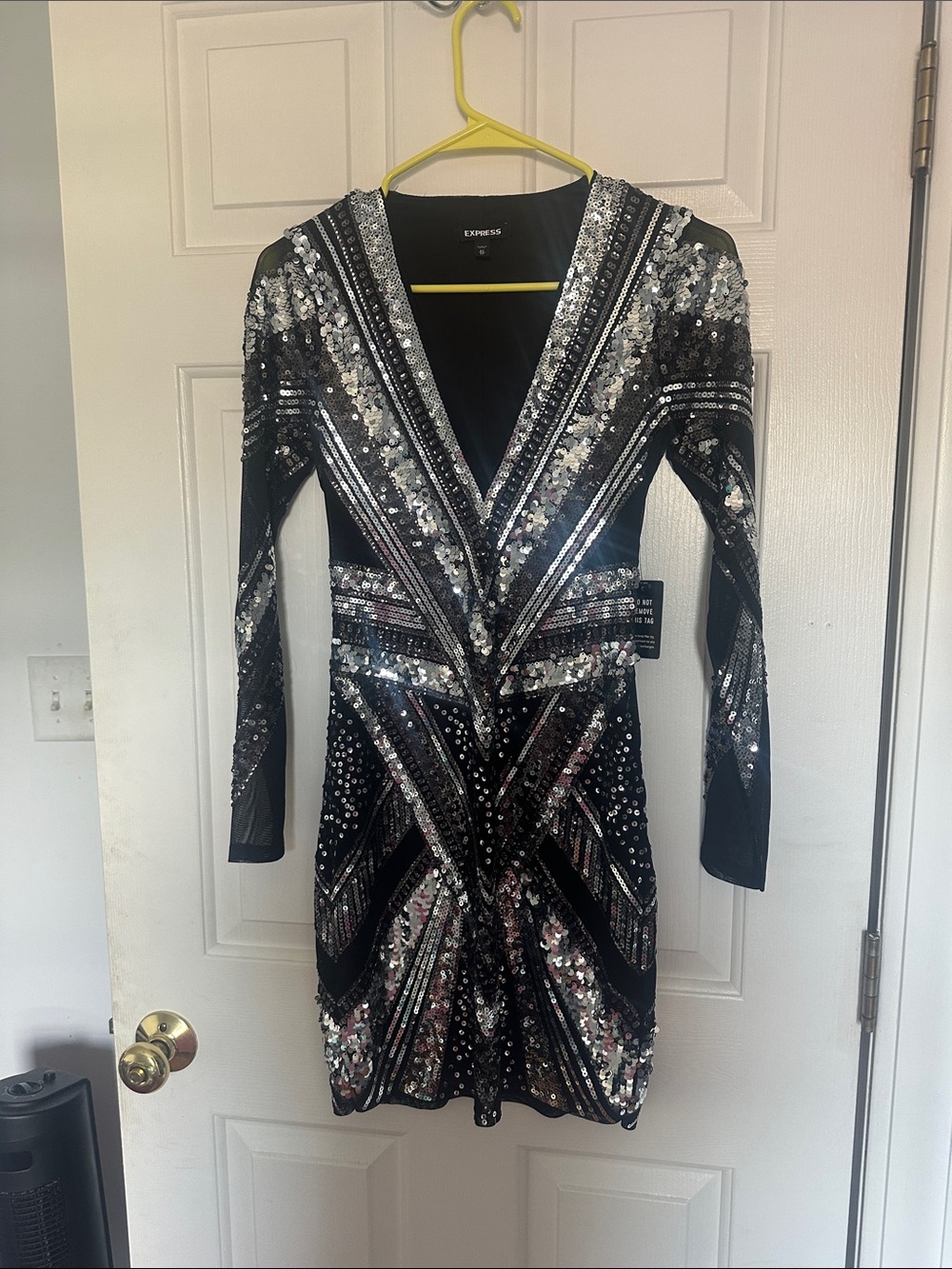 Express Black Sequin V-Neck Mini Dress with Silver Accents